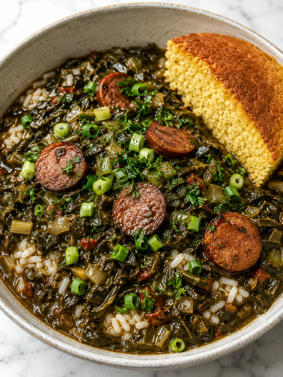 Gumbo greens bowl with rice, andouille, herbs, and cornbread