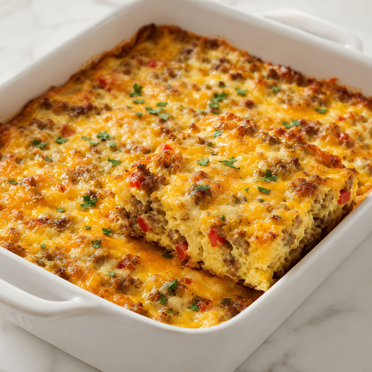 Sausage egg two-cheese casserole slice with parsley and golden edges