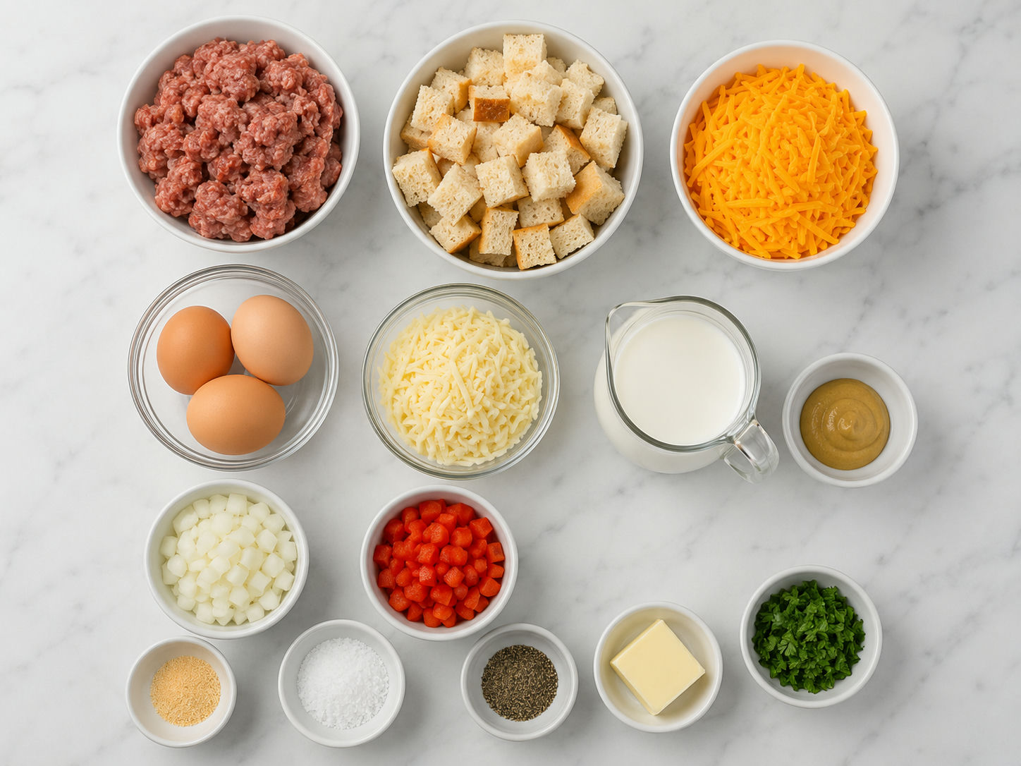 Ingredients for sausage egg two-cheese casserole on a wood counter