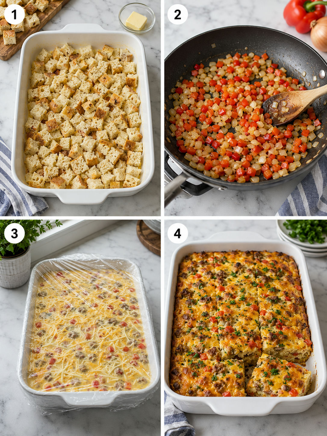Four cooking steps for sausage egg two-cheese casserole