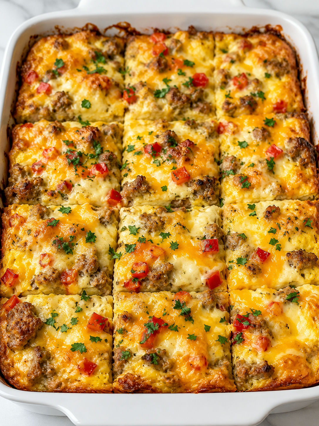 Golden sausage egg two-cheese casserole squares with parsley