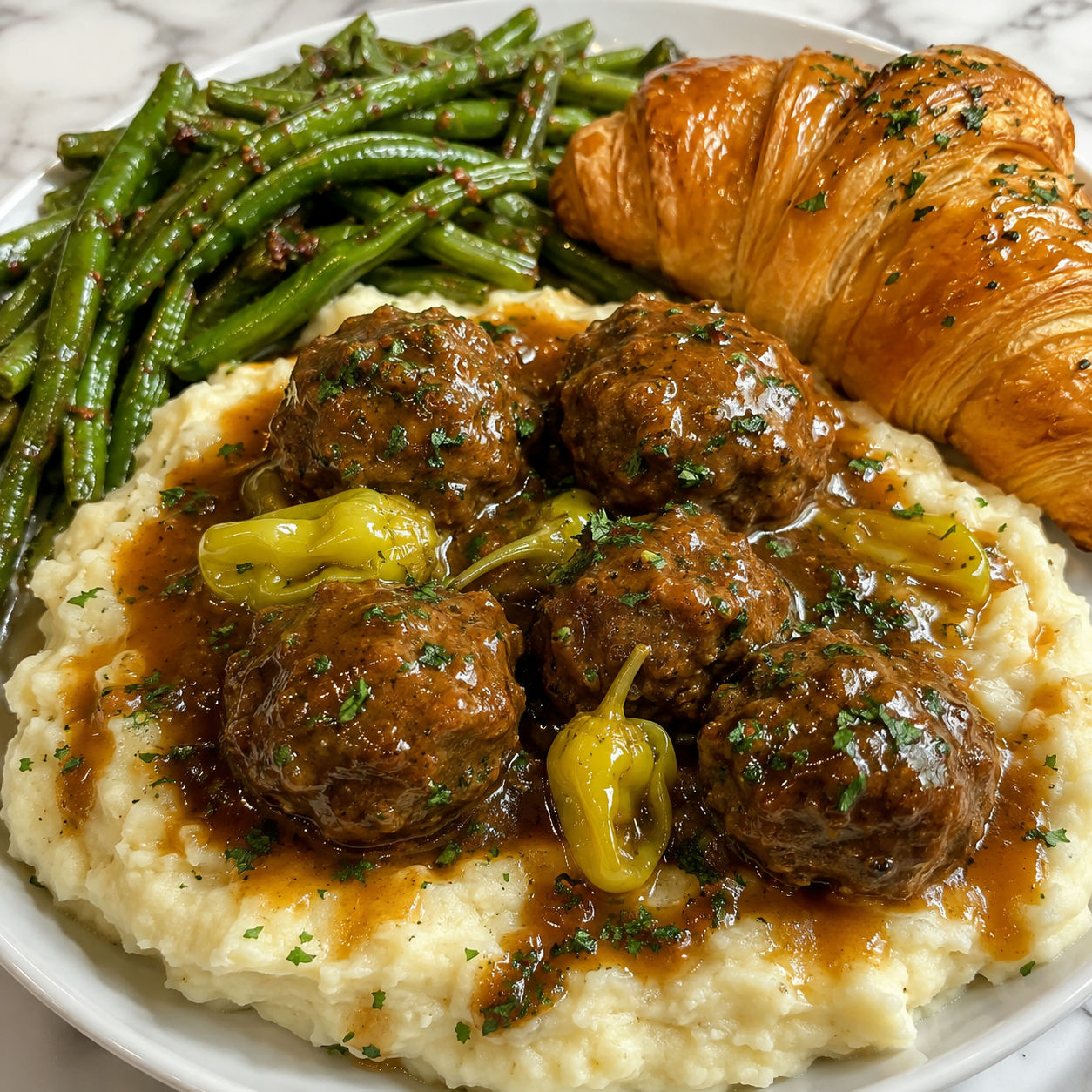 Mississippi meatballs over mashed potatoes with green beans and croissant