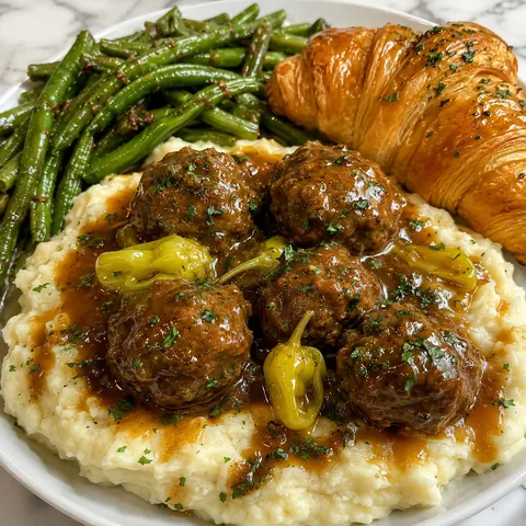 Mississippi meatballs over mashed potatoes with green beans and croissant