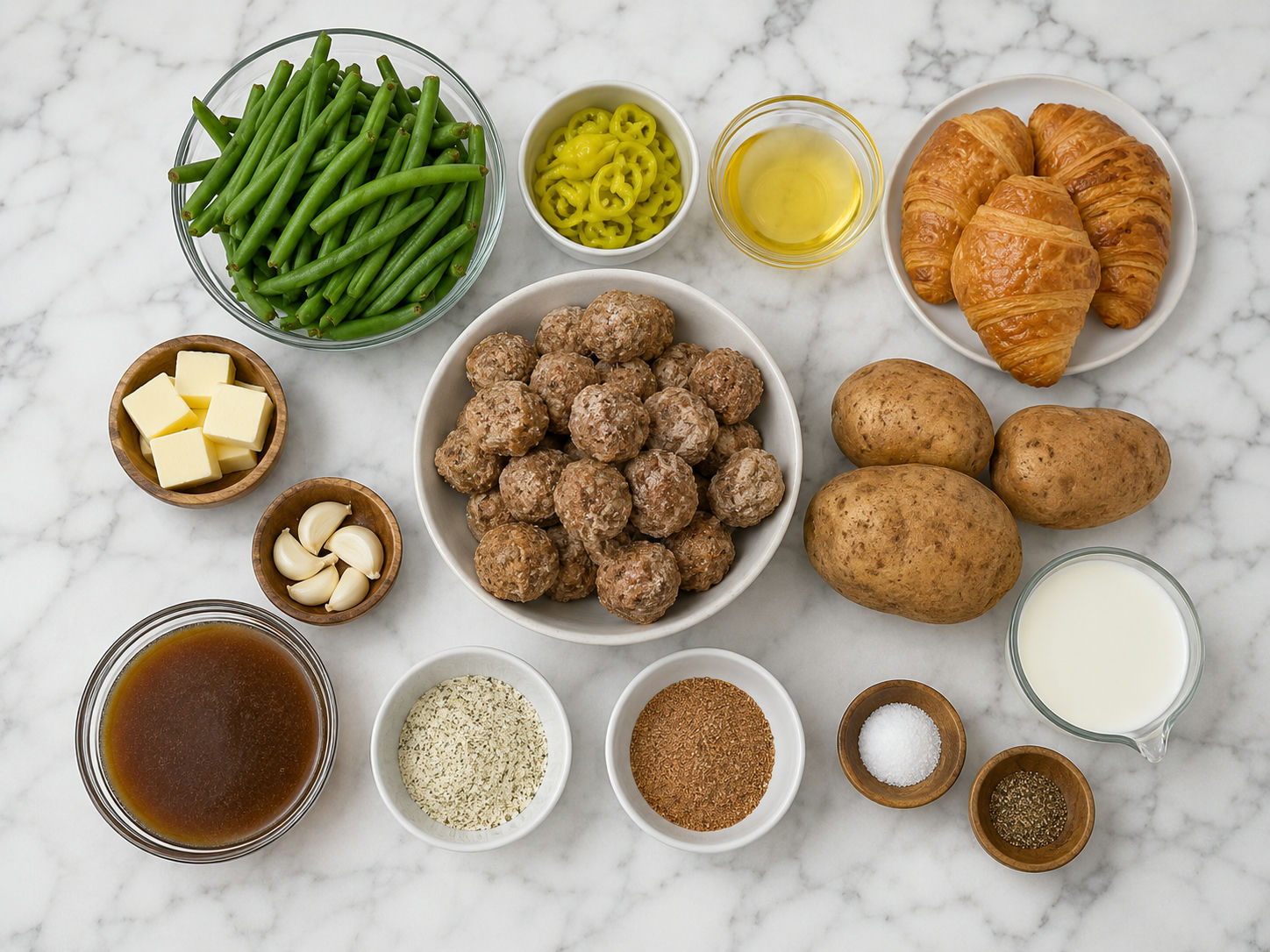 Ingredients for Mississippi meatballs dinner with potatoes and green beans