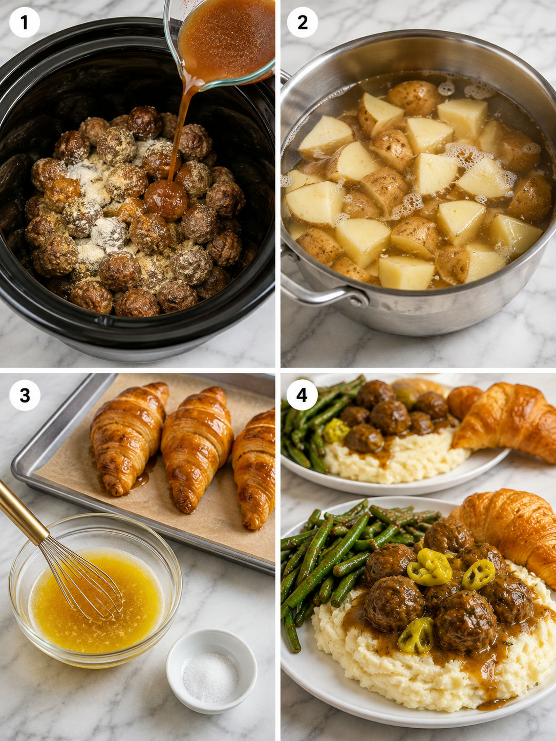 Four cooking steps for Mississippi meatballs, mash, beans and croissants
