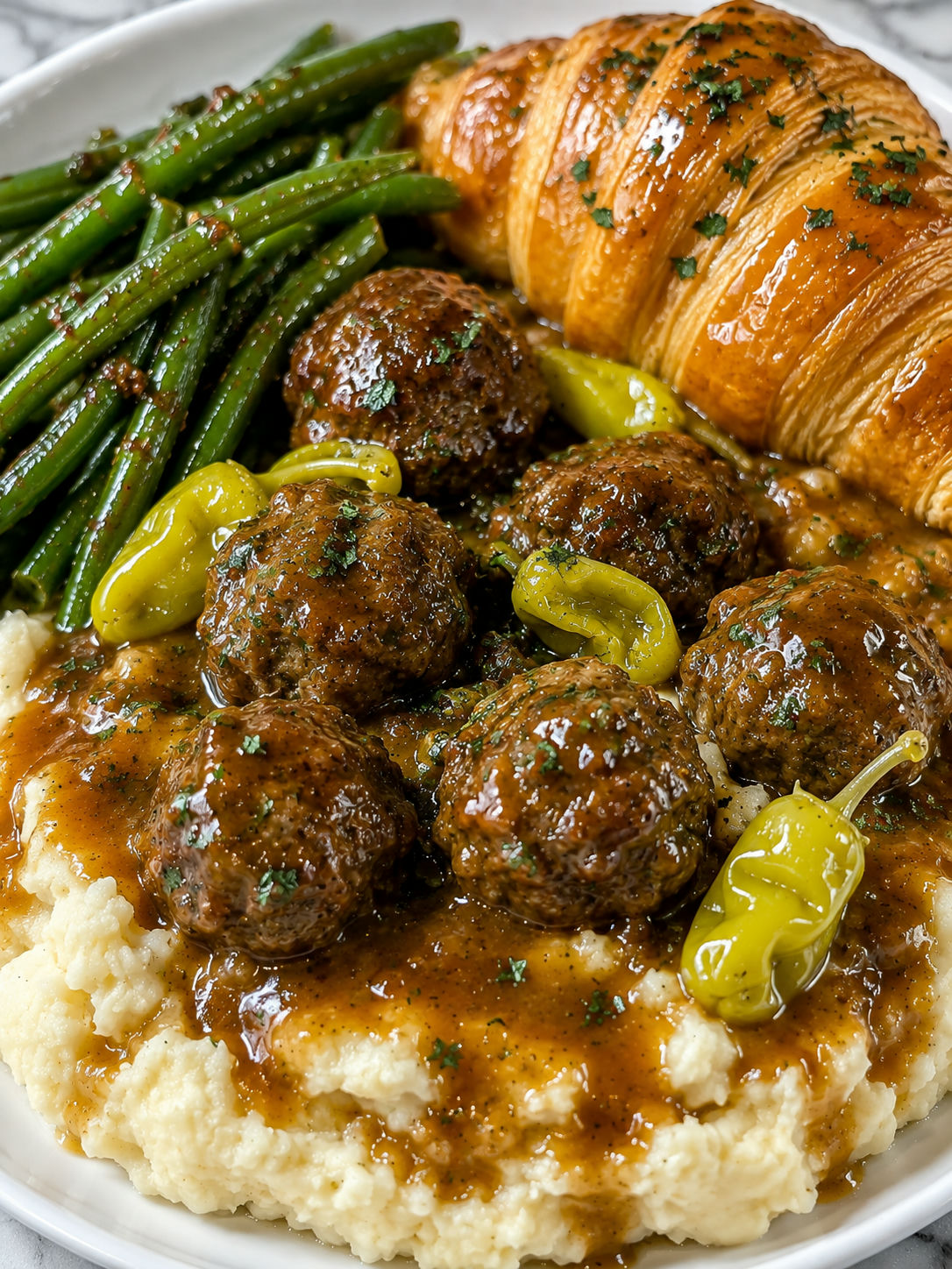 Saucy Mississippi meatballs with mashed potatoes, green beans and croissant