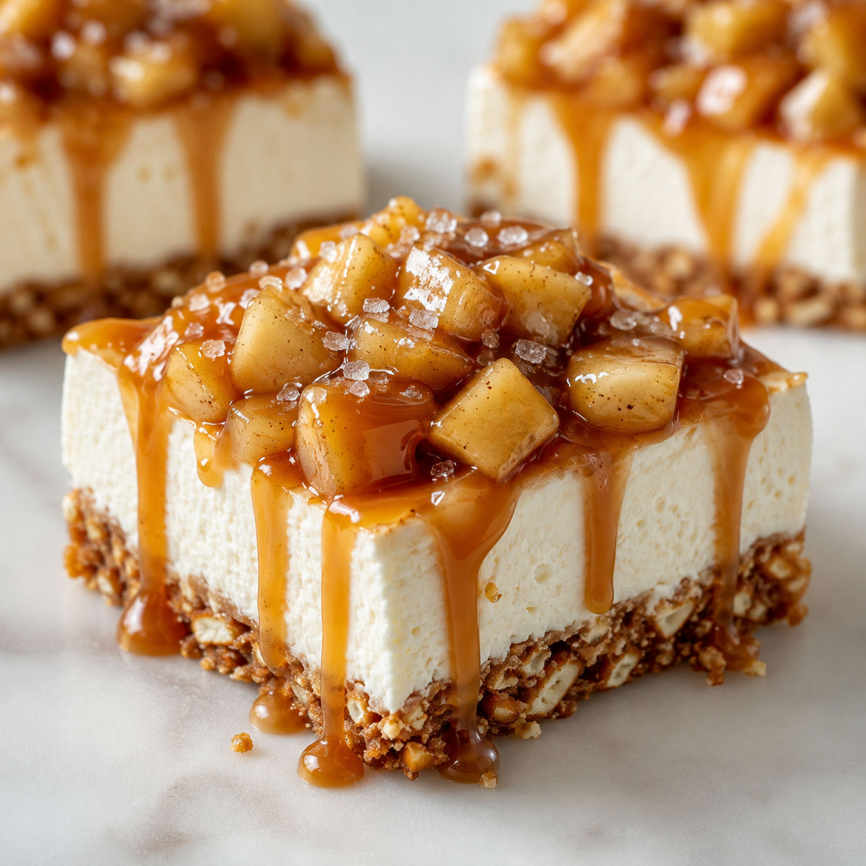 Caramel apple cheesecake bars with pretzel crust and caramel drizzle