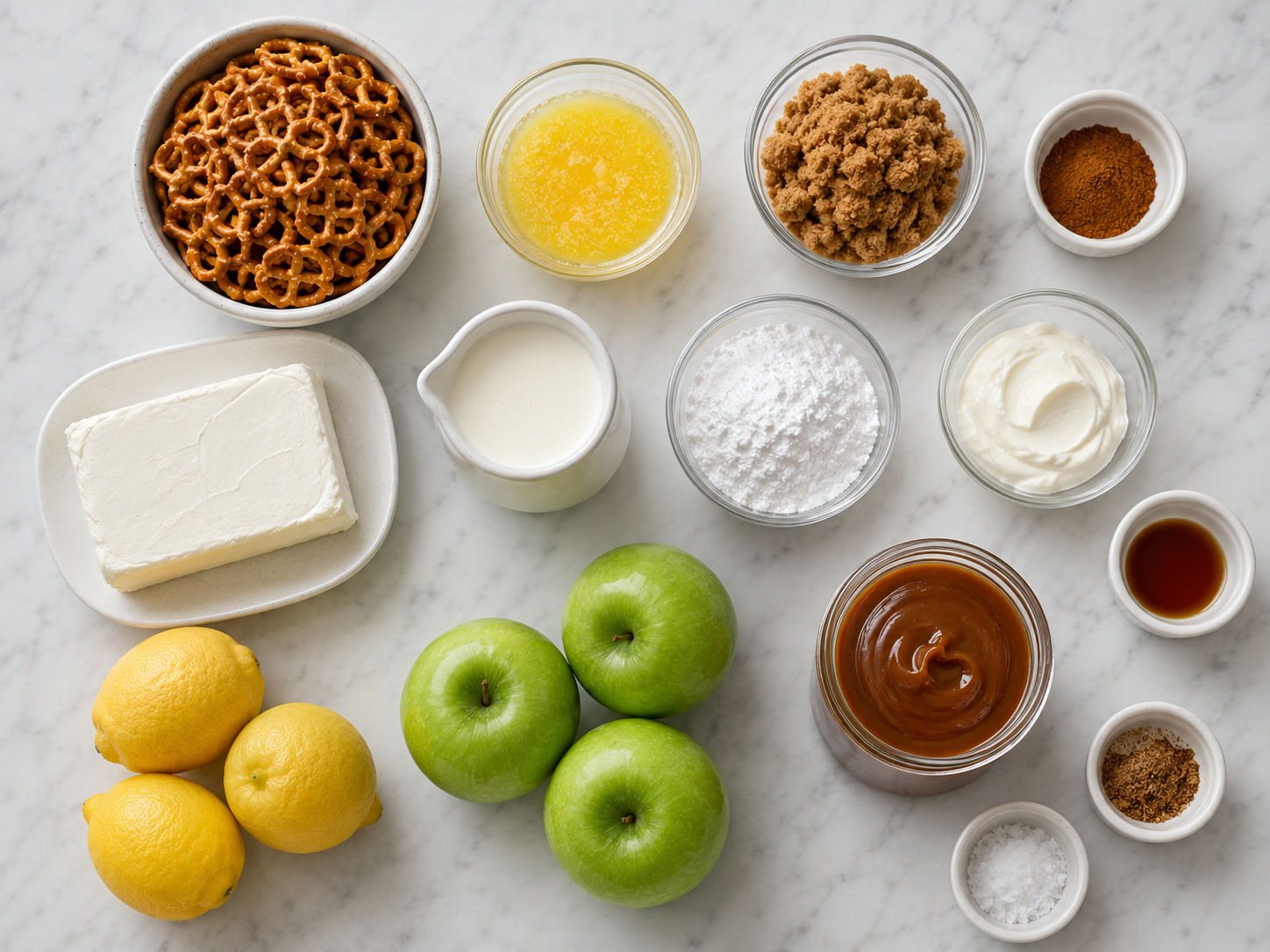 Ingredients for caramel apple cheesecake bars with pretzels and apples