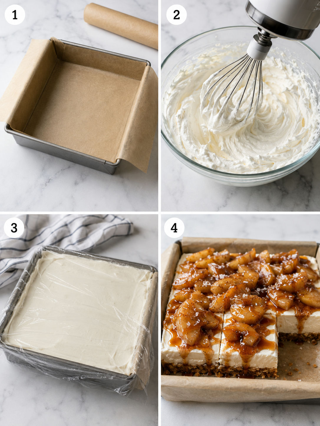 Steps for making caramel apple cheesecake bars with pretzel crust
