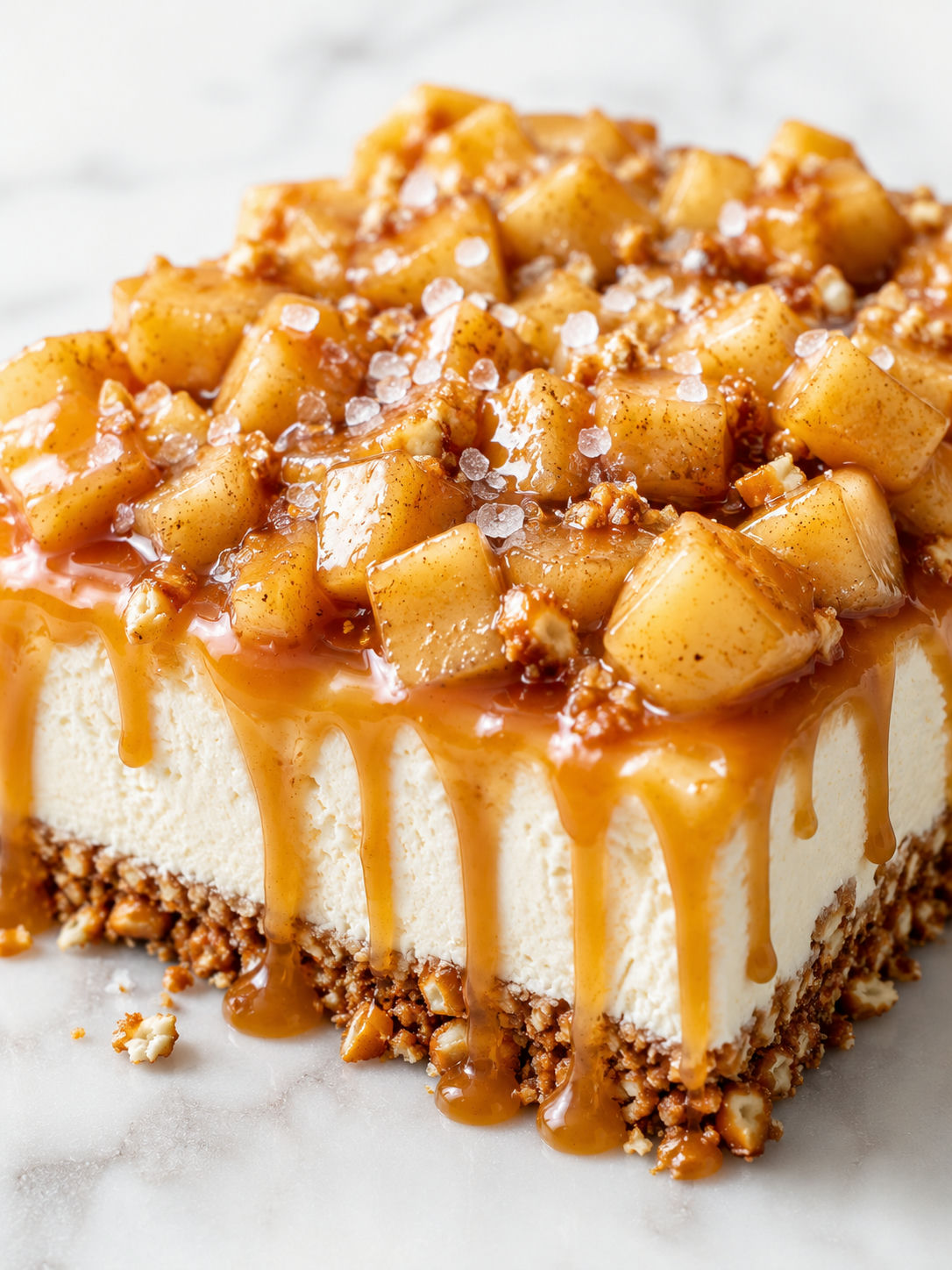 Caramel apple cheesecake bars stacked with pretzel crust and caramel