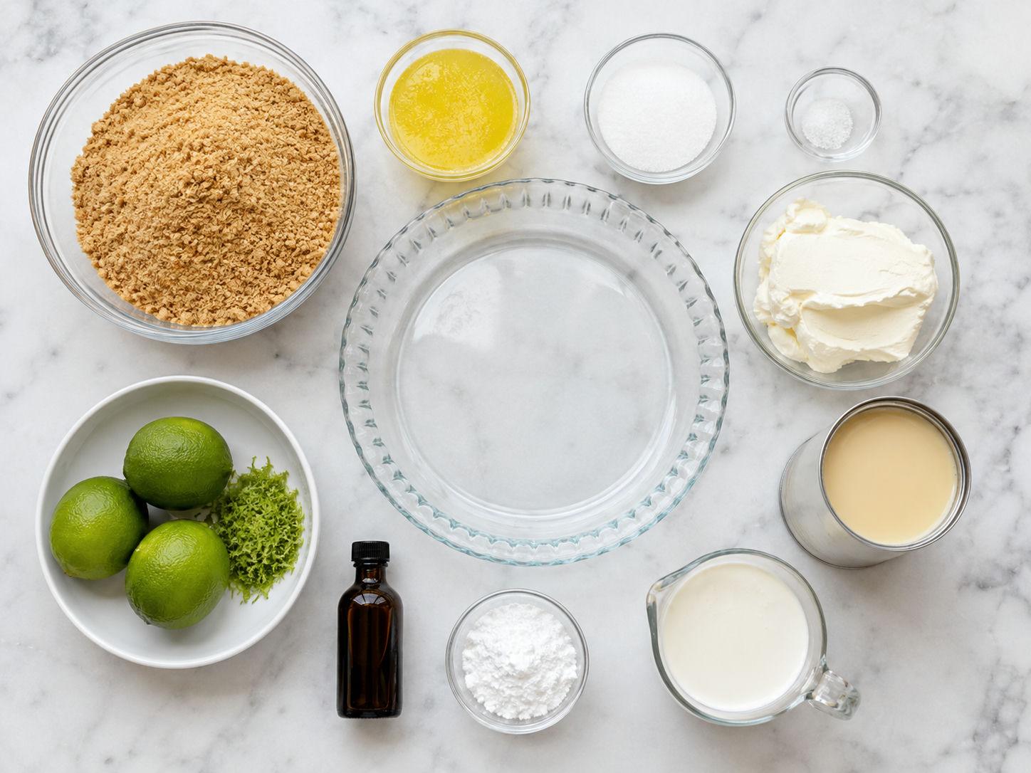 Ingredients for lime icebox pie with limes, cream cheese, and graham crumbs