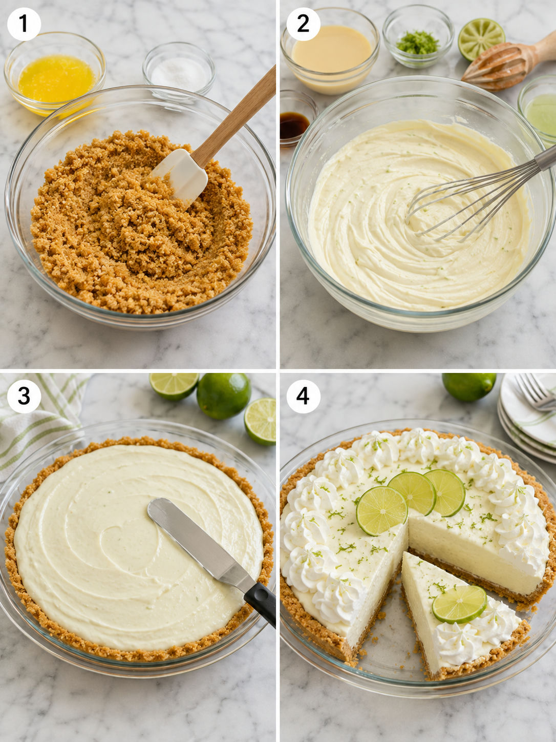 Four steps for lime icebox pie from crust to whipped topping