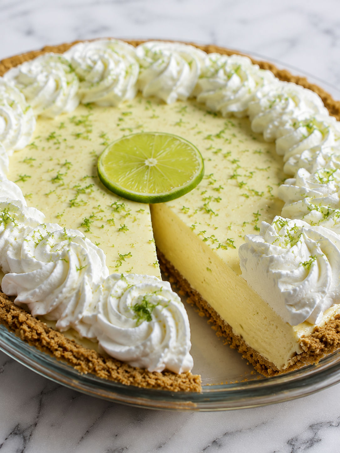 Creamy slice of lime icebox pie with whipped cream and lime zest