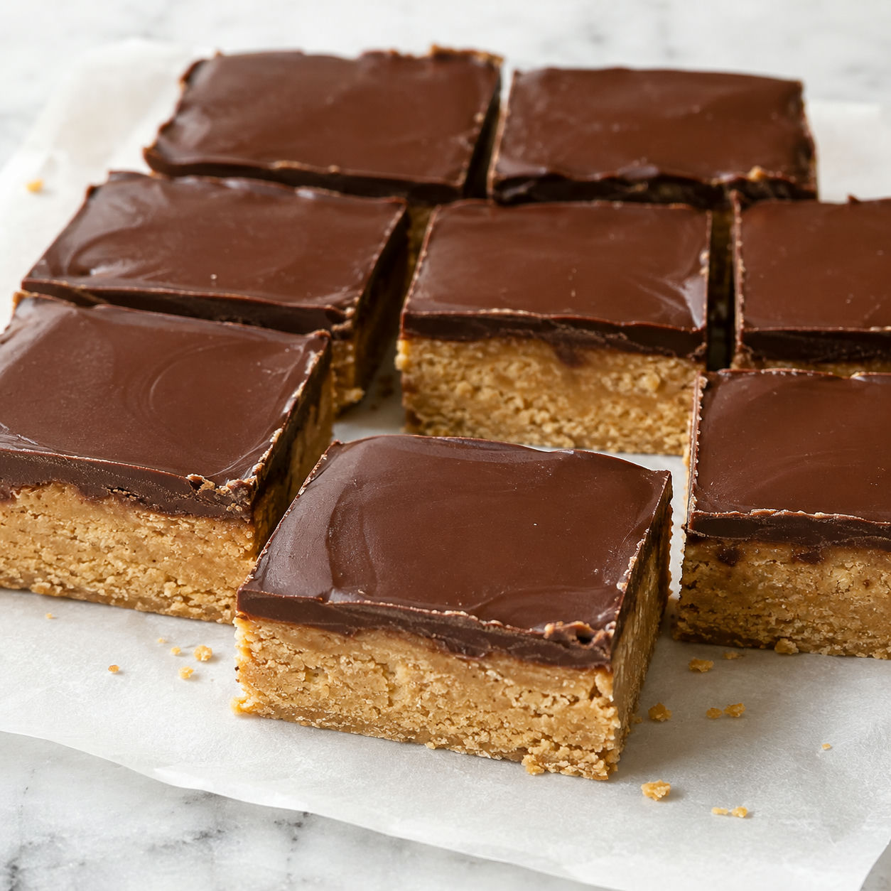 Lunch lady peanut butter bars with glossy chocolate topping on parchment