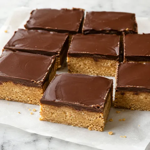 Lunch lady peanut butter bars with glossy chocolate topping on parchment