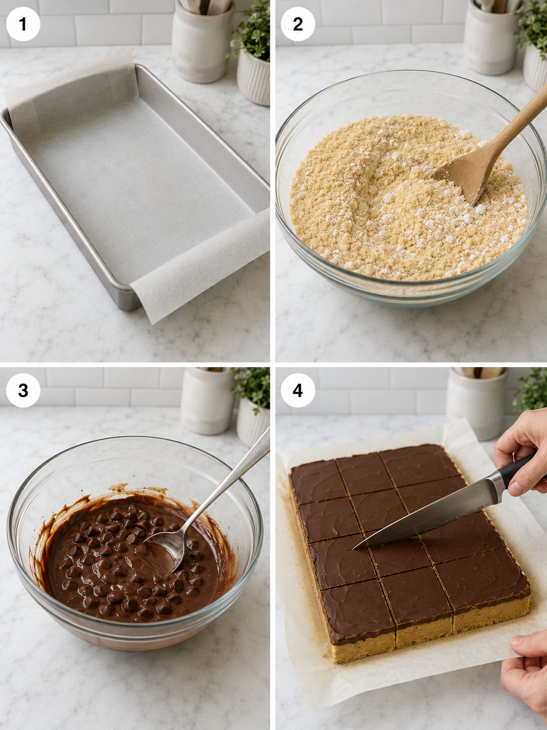 Four steps for making no-bake peanut butter bars with chocolate topping