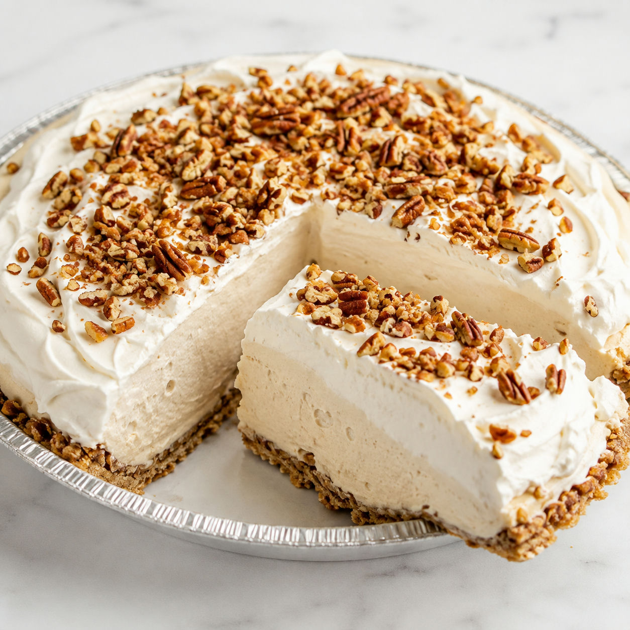 No-bake maple pecan cream pie with whipped topping and toasted pecans