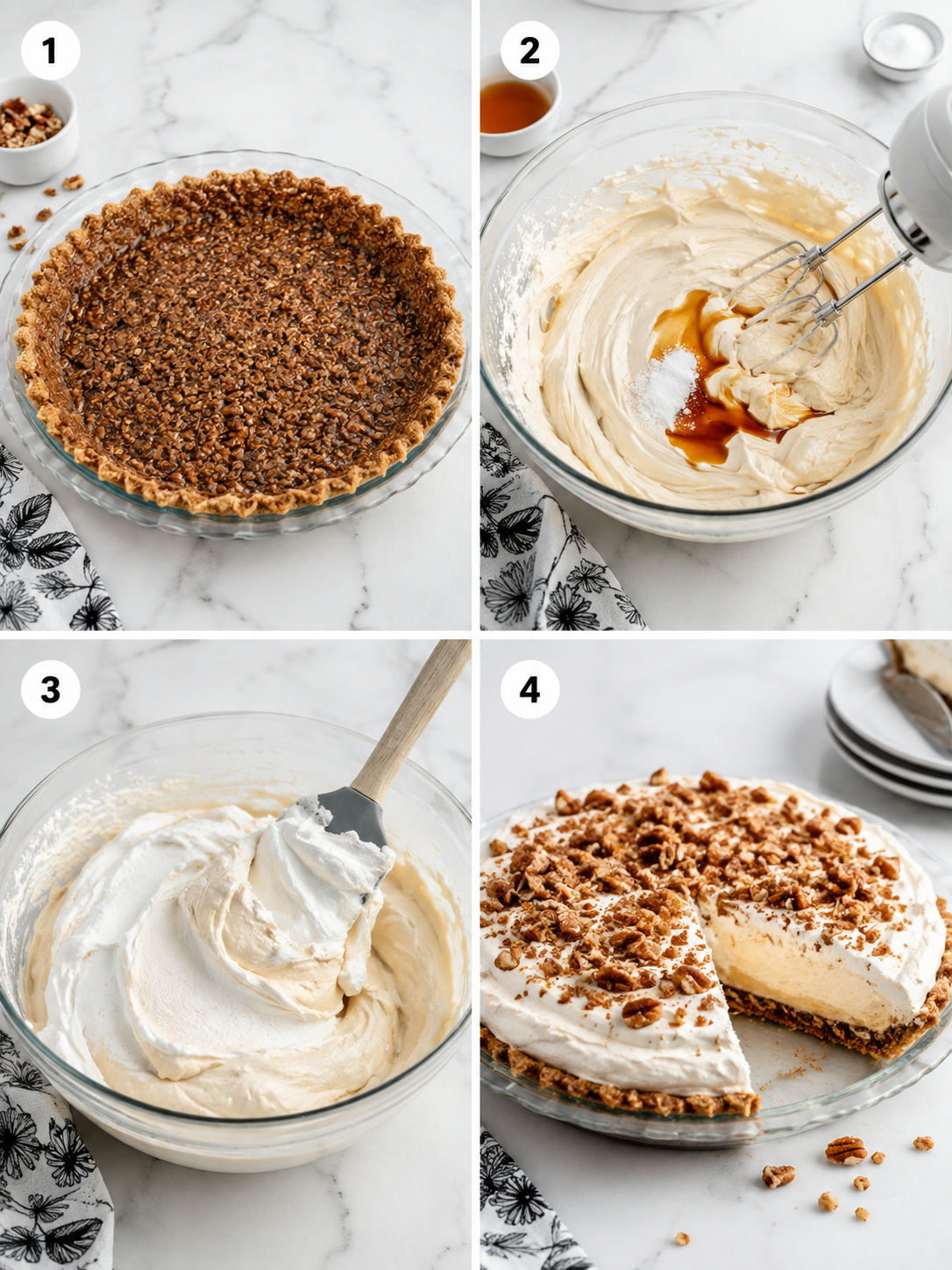 Four steps for mixing and filling maple pecan cream pie