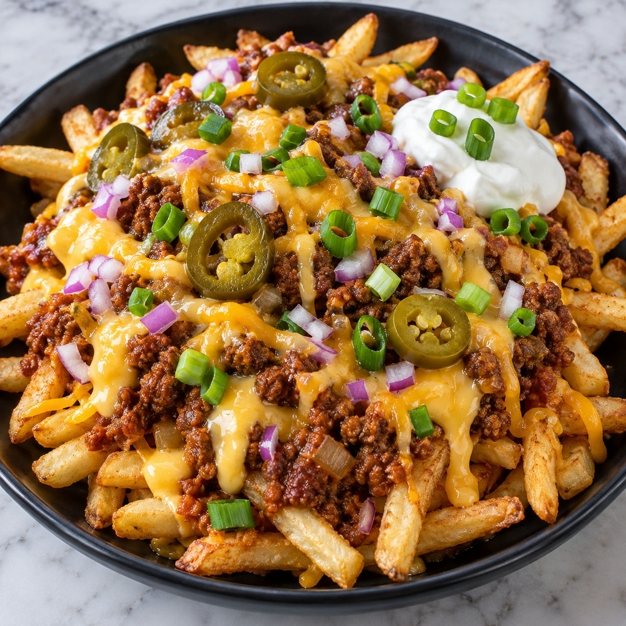 No-bean chili cheese fries with beef chili, cheese sauce, jalapenos, and onion