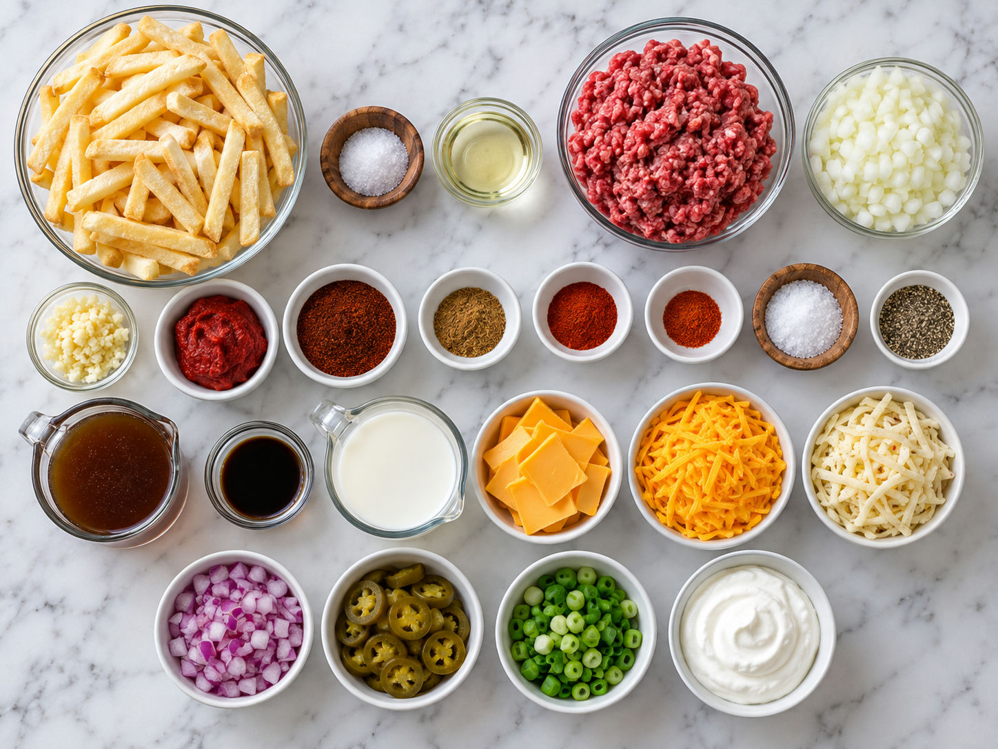 Ingredients for no-bean chili cheese fries with beef, fries, cheese, and jalapenos