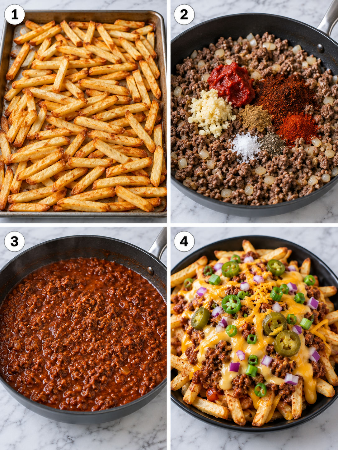 Four steps for making no-bean chili cheese fries from fries to loaded topping