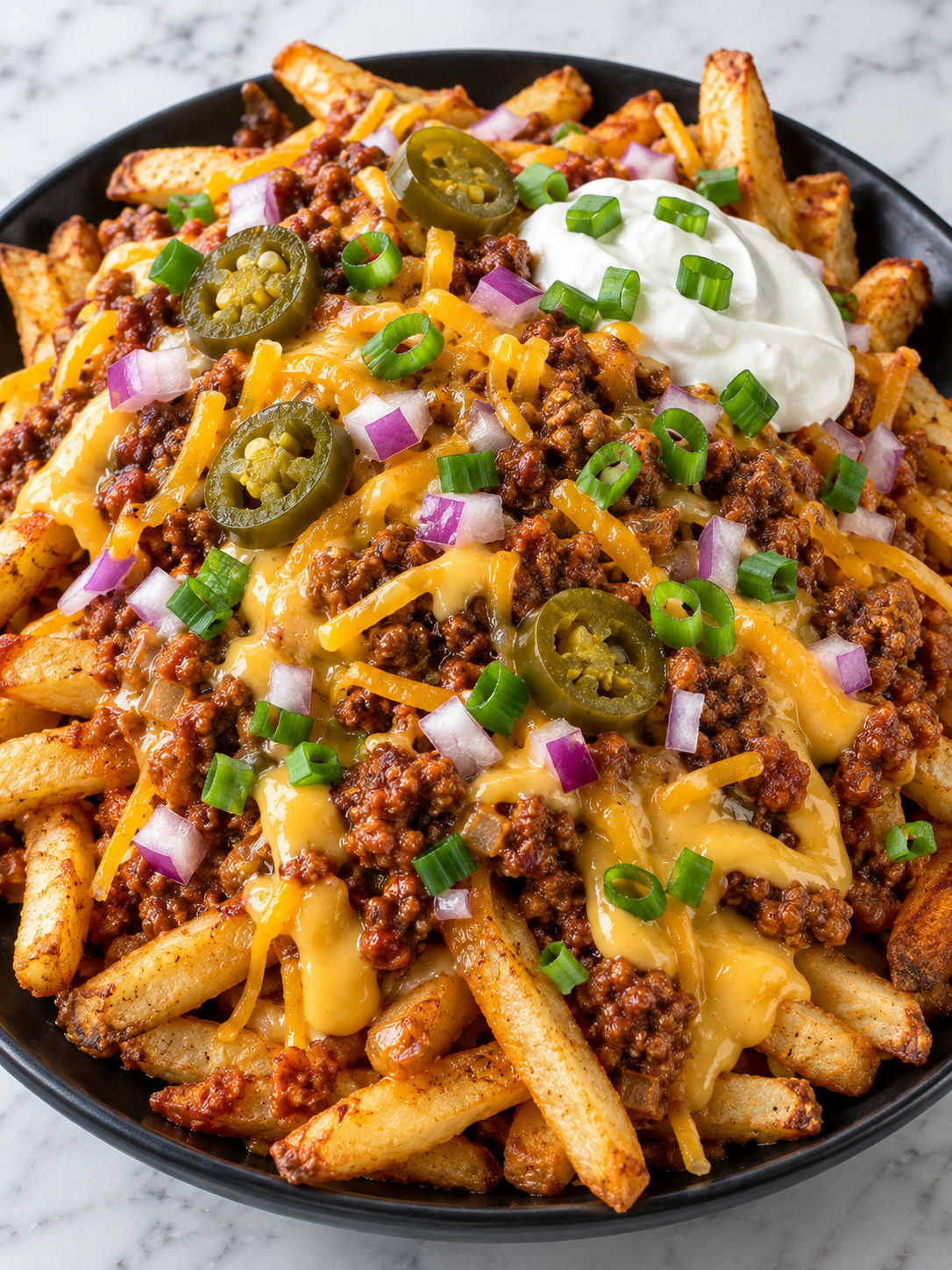 Loaded no-bean chili cheese fries with melted cheese, jalapenos, and red onion