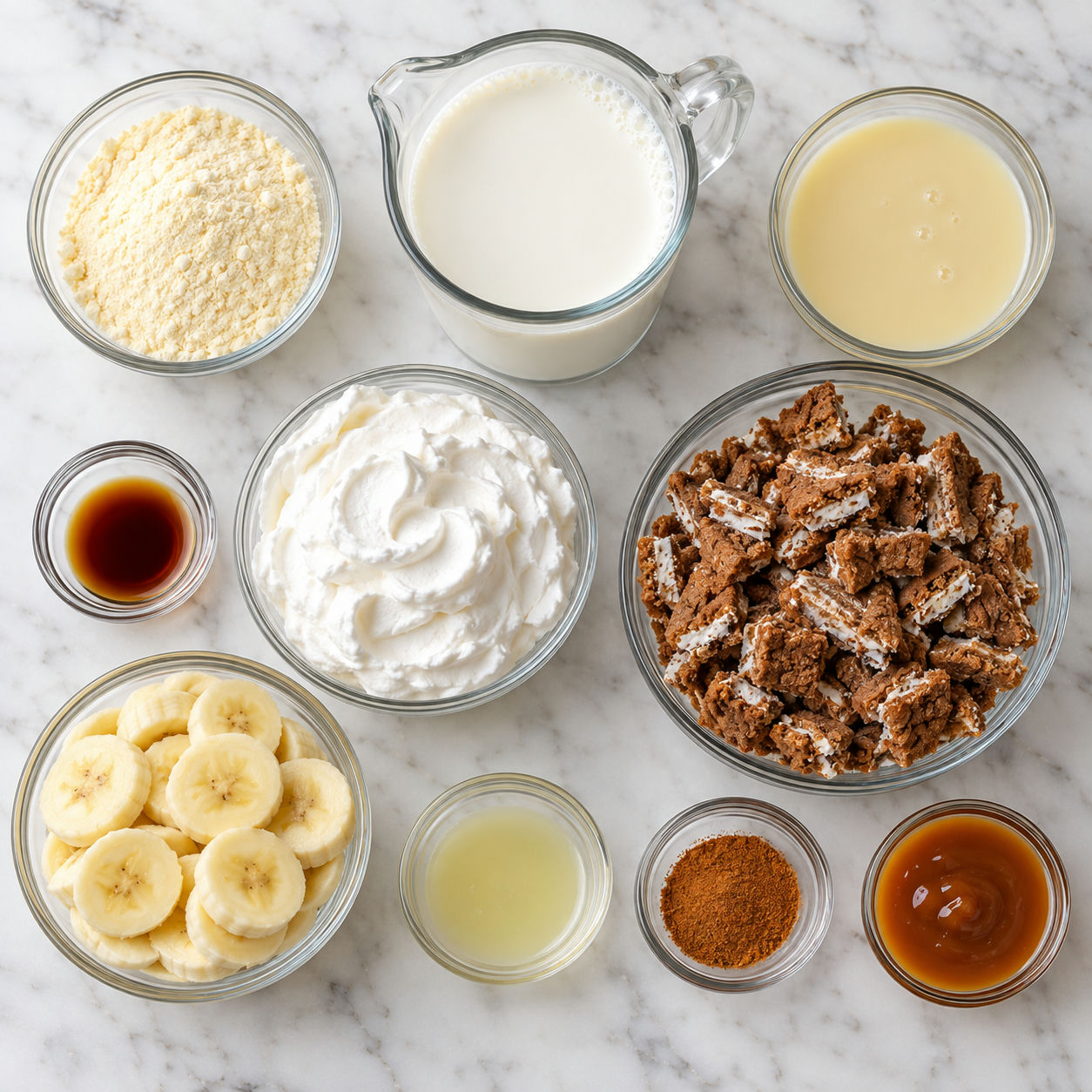 Ingredients for oatmeal creme pie banana pudding cups on marble