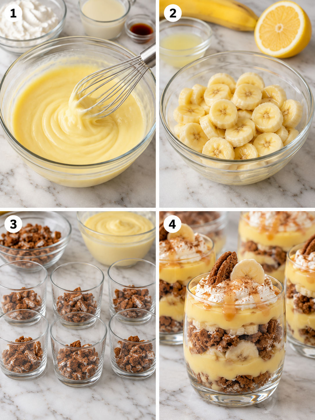 Four steps for layering oatmeal creme pie banana pudding cups