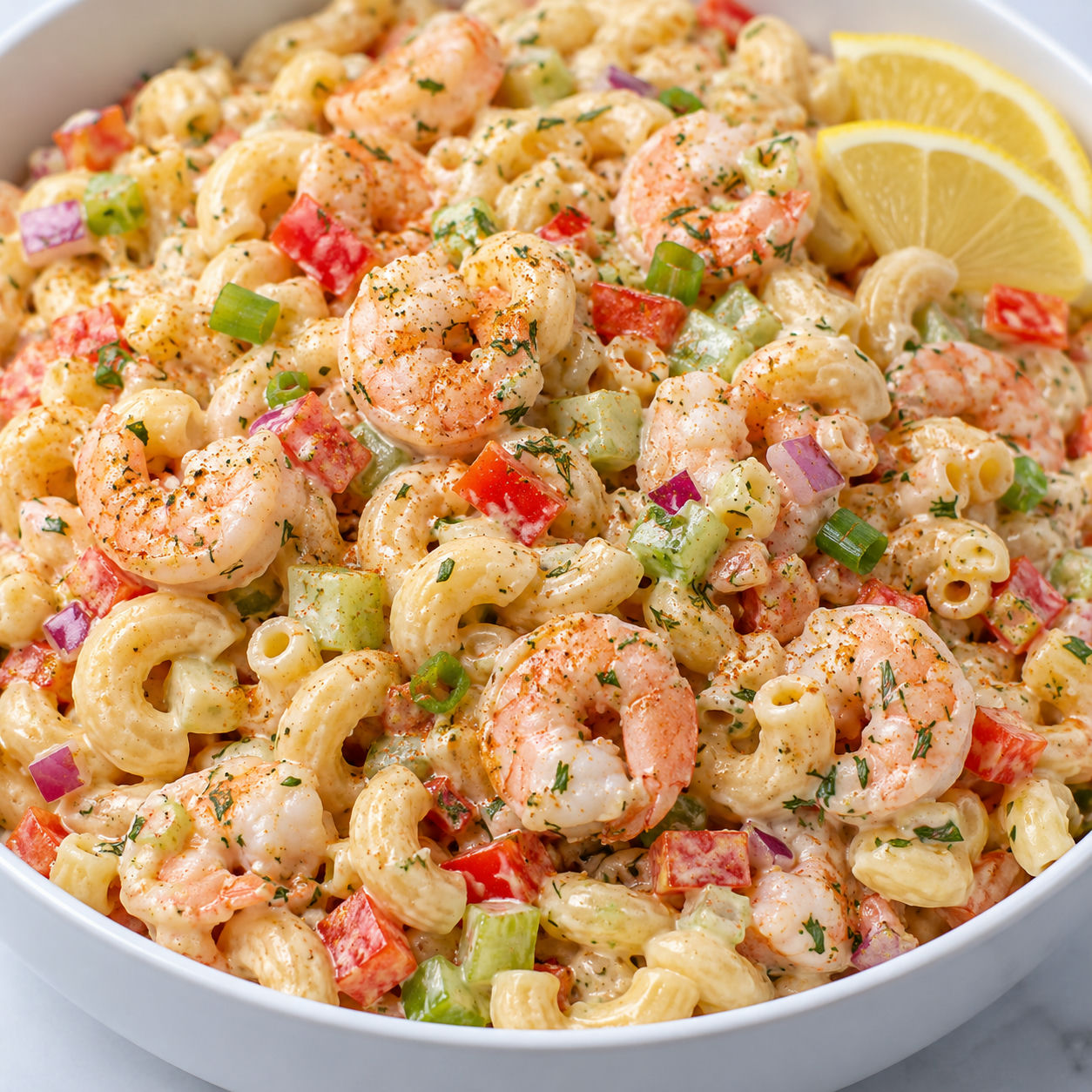 Old Bay shrimp macaroni salad with celery, red pepper, and dill