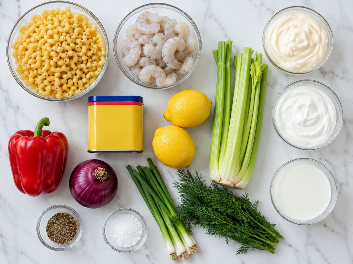 Ingredients for Old Bay shrimp macaroni salad on a wooden surface