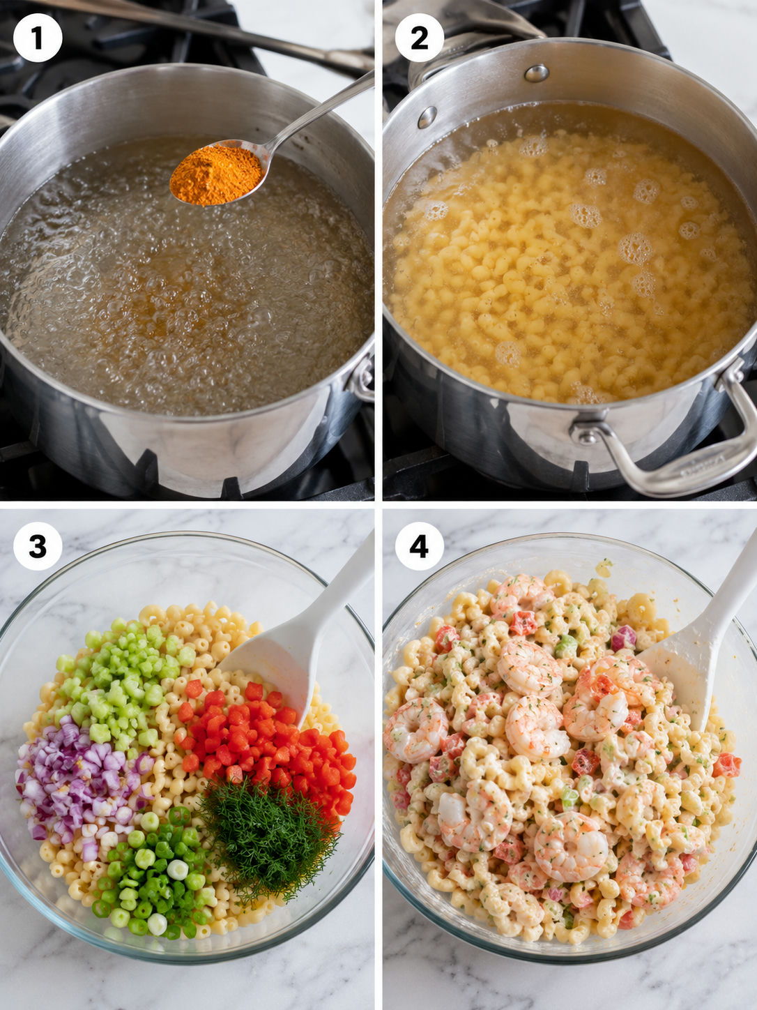 Steps for making Old Bay shrimp macaroni salad with pasta and dressing