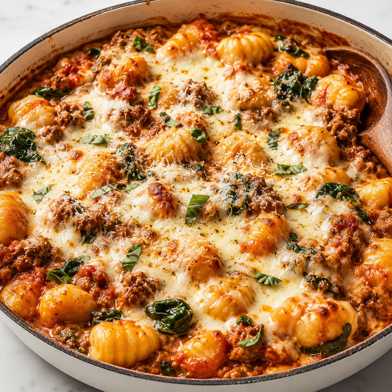 Cheesy sausage gnocchi skillet with spinach, basil, and melted mozzarella
