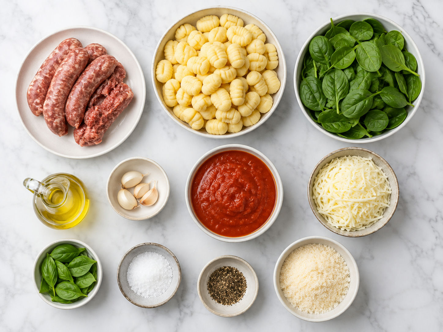 Ingredients for cheesy sausage gnocchi with marinara, spinach, and mozzarella