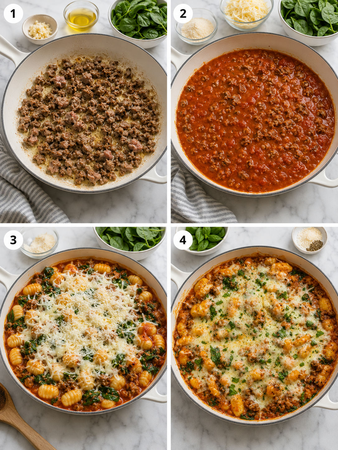 Four cooking steps for cheesy sausage gnocchi in a skillet