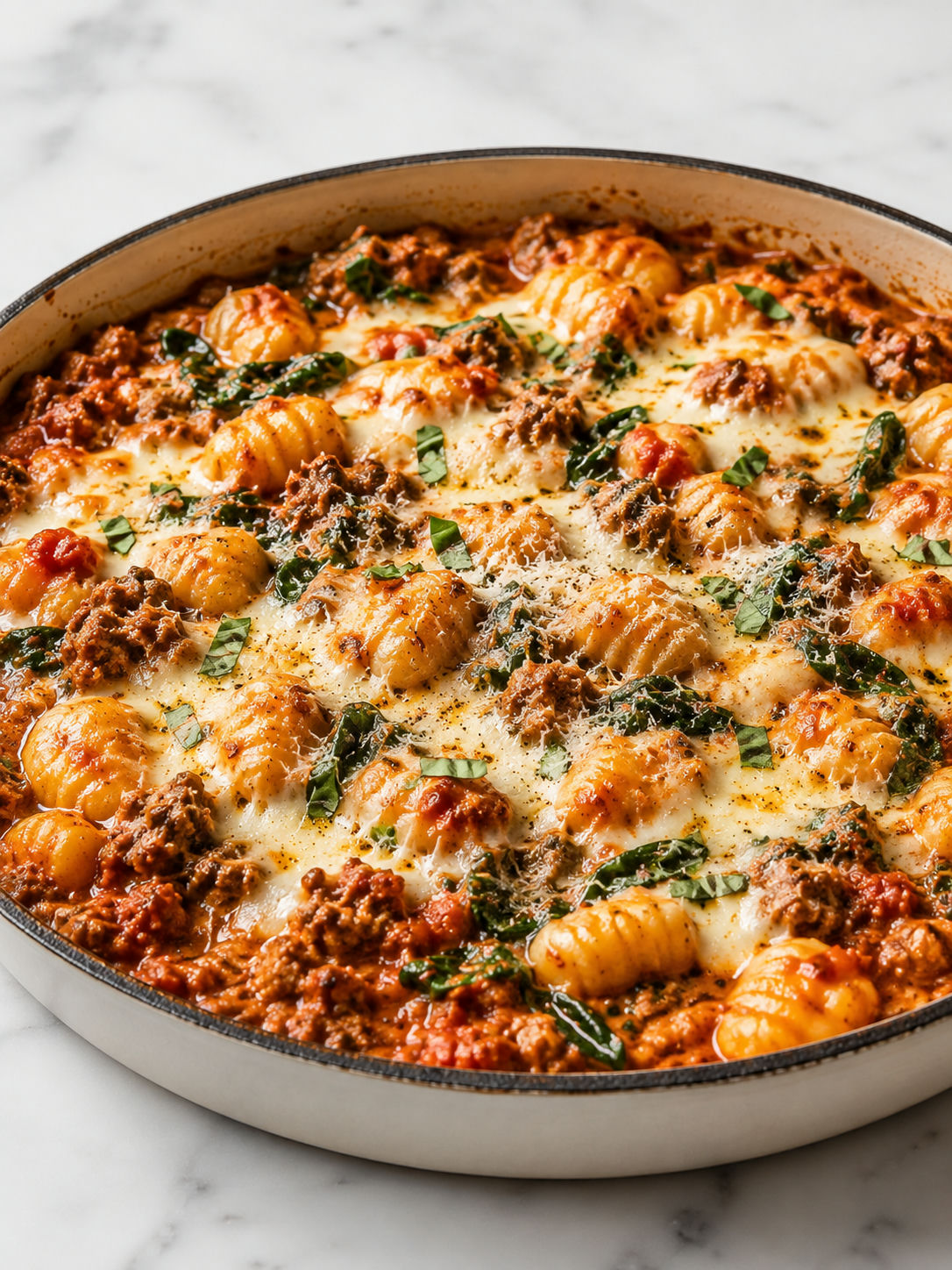 Bubbling cheesy sausage gnocchi skillet with basil and spinach