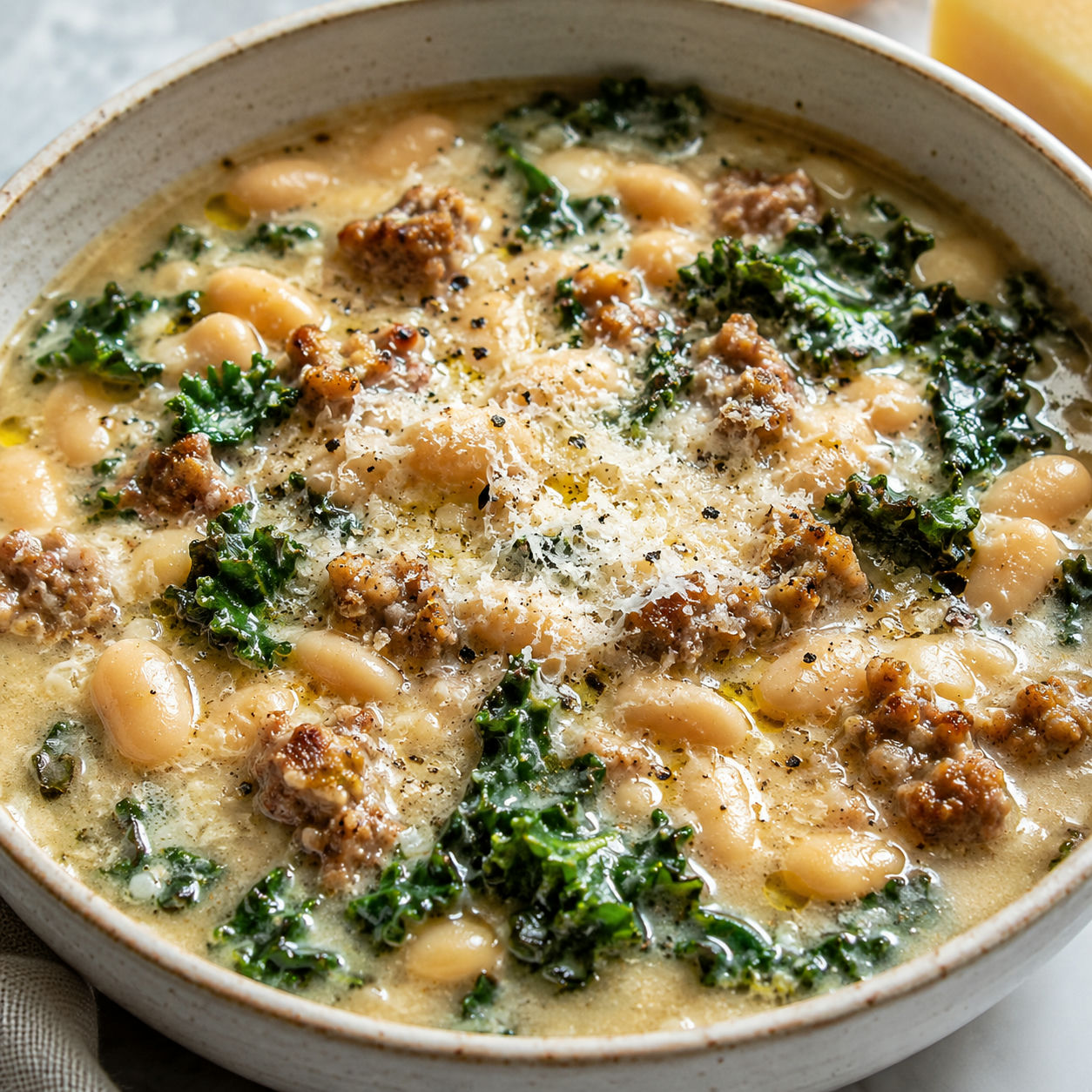 Parmesan white-bean sausage soup with kale in a stoneware bowl
