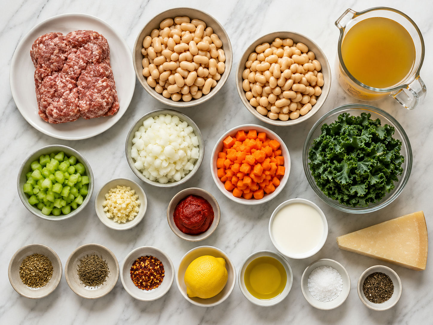 Ingredients for Parmesan white-bean sausage soup on a wooden counter