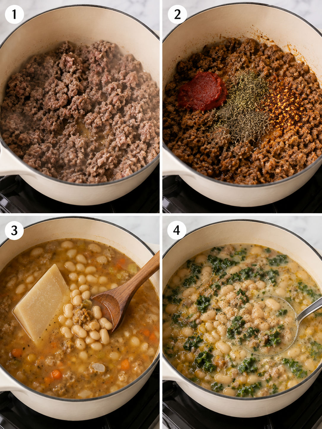 Four cooking steps for creamy white-bean sausage soup