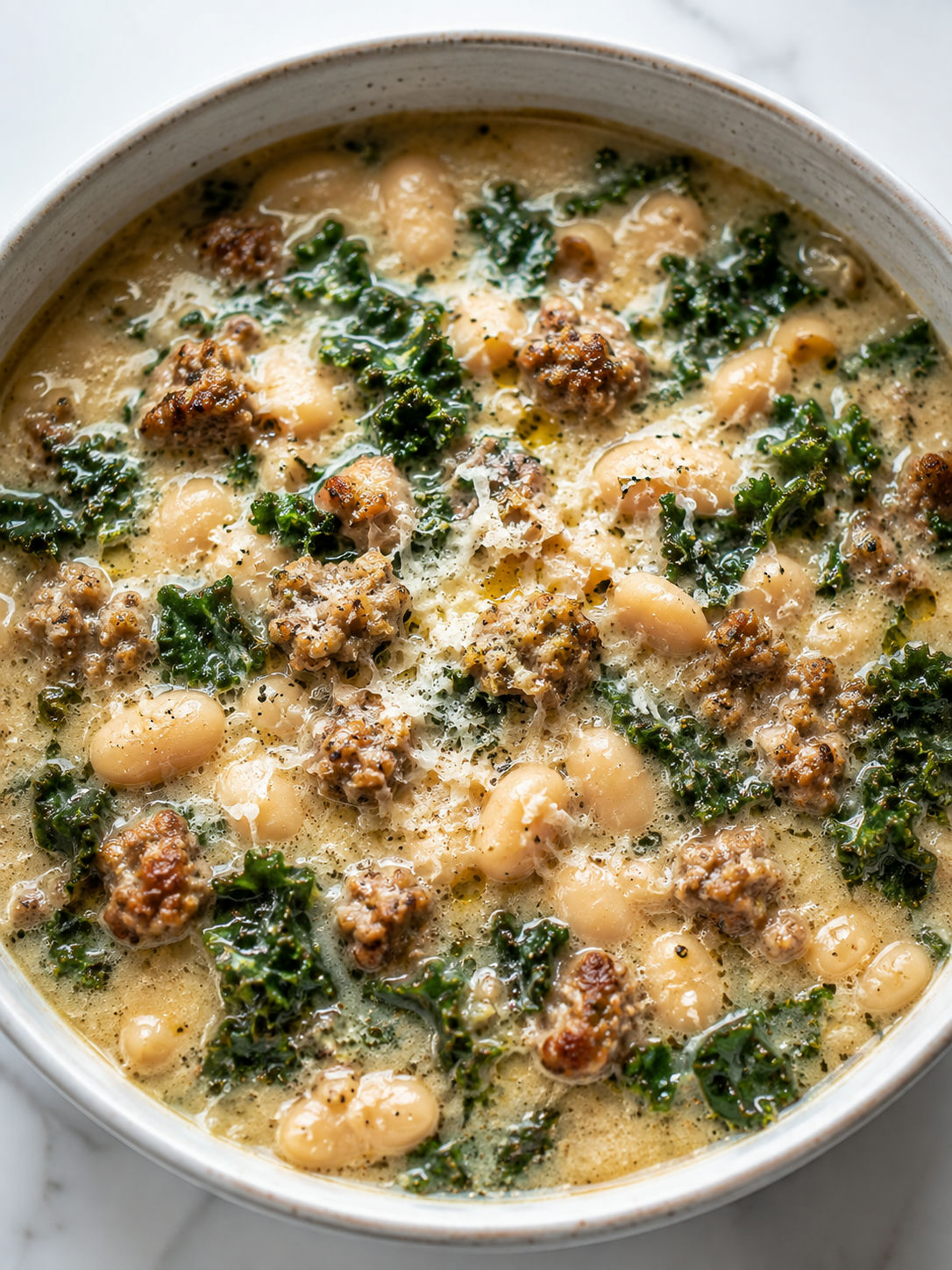 Creamy Parmesan white-bean sausage soup with kale and grated cheese