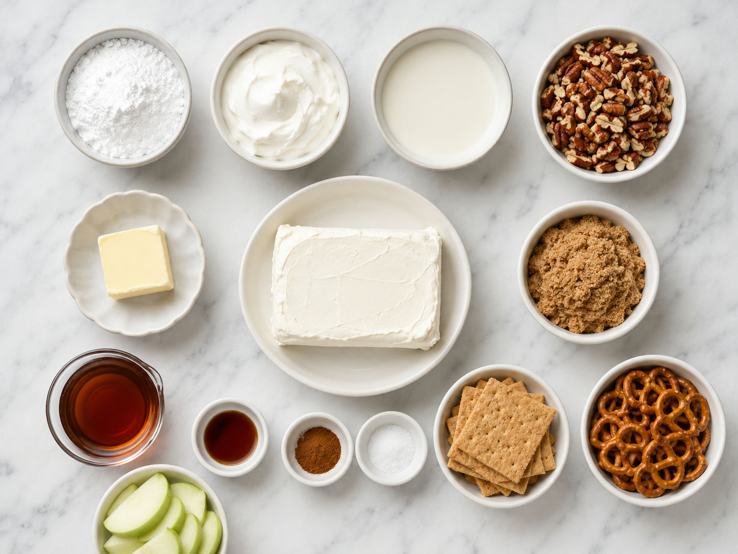 Ingredients for pecan pie cheesecake dip with pecans, cream cheese, and apples