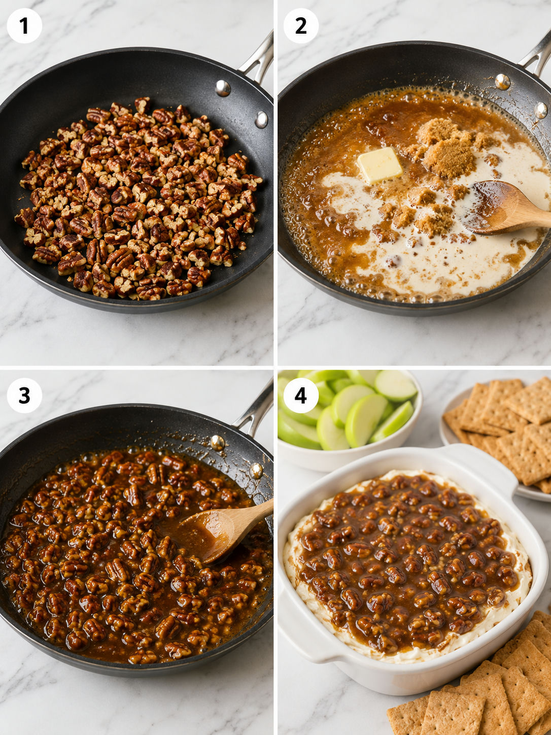 Steps for making pecan pie cheesecake dip from toasting pecans to layering