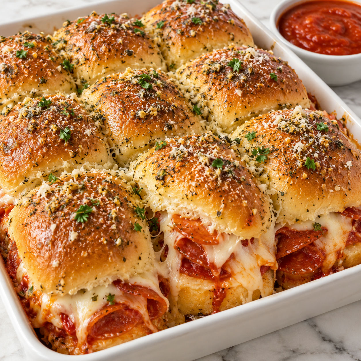Pepperoni pizza sliders with melted cheese and garlic butter rolls