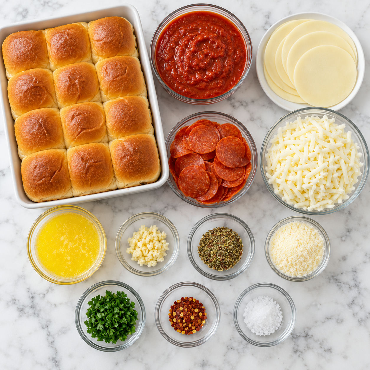 Ingredients for pepperoni pizza sliders with rolls, cheese, pepperoni, and sauce