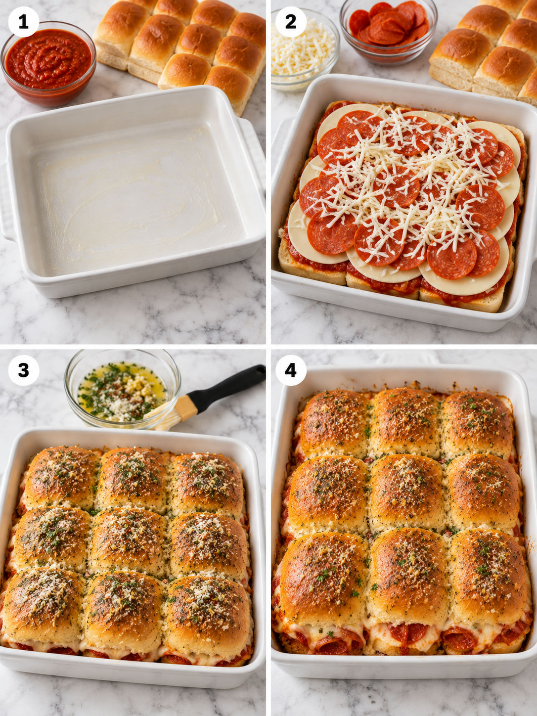 Four steps for assembling and baking pepperoni pizza sliders