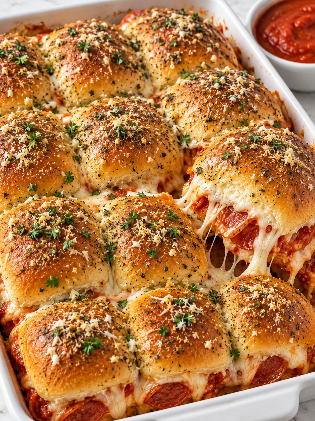 Pull-apart pepperoni pizza sliders with melted cheese and parsley