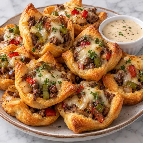 Golden Philly cheesesteak bites with steak peppers onions and melted provolone