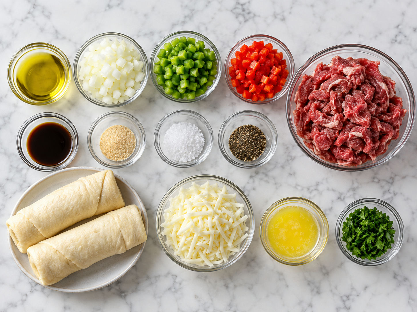 Ingredients for Philly cheesesteak bites with steak peppers dough and provolone