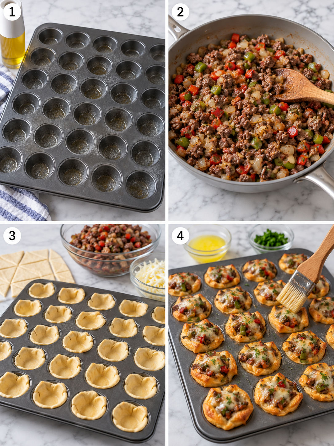 Four steps for making Philly cheesesteak bites in a mini muffin pan