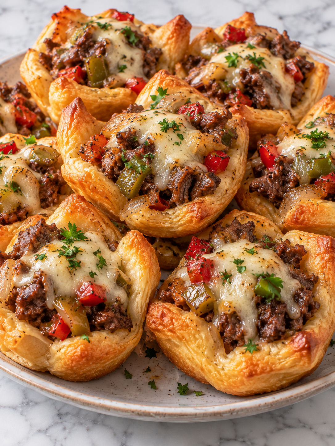 Philly cheesesteak bites stacked with melted provolone and flaky crescent edges