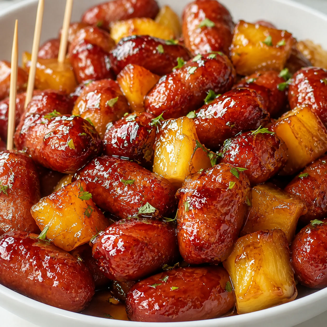 Glossy pineapple brown sugar Lil' Smokies with parsley in a white bowl